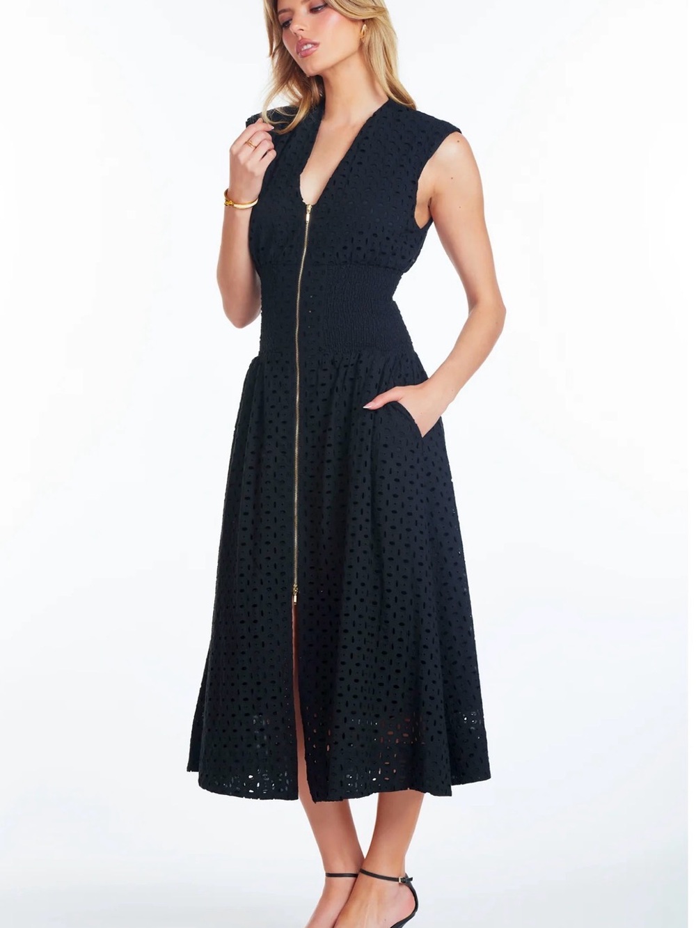 bishop + young Black Eyelet Midi Dress with Gold Zip